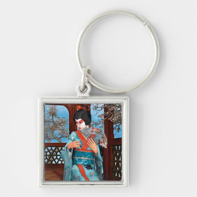 Geisha Fyrkantig Silverfärgad Nyckelring (Framsidan)
