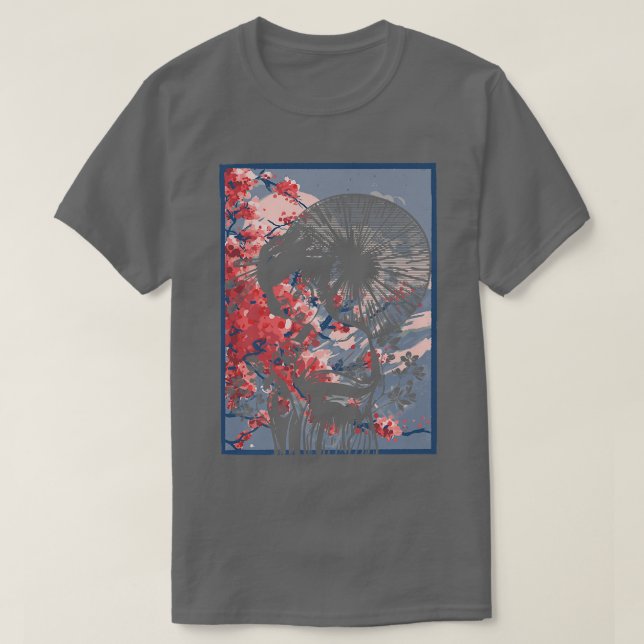 Geisha Girl In Kimono Japan Art Sakura Cherry Blos T Shirt (Design framsida)