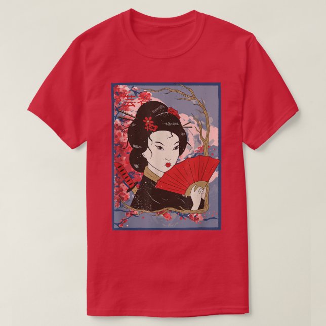 Geisha Girl in Kimono Sakura Cherry Blommar Japan T Shirt (Design framsida)