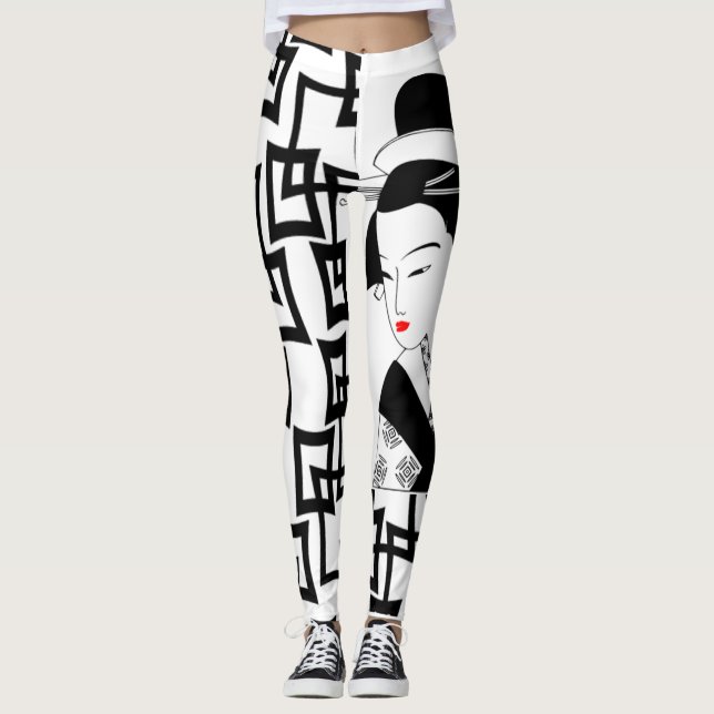 Geisha Girl japanese black white grafik leggings (Framsida)
