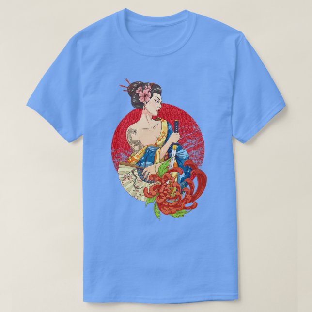 Geisha Girl Katana Sword and Tattoo of Dragon Japa T Shirt (Design framsida)