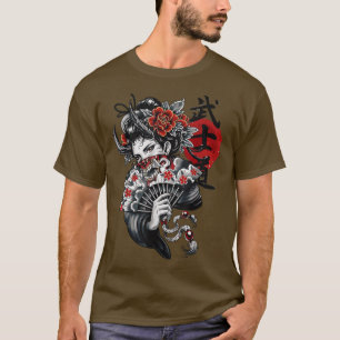 Geisha Girl Katana Sword och Tattoo of Dragon Japa T Shirt
