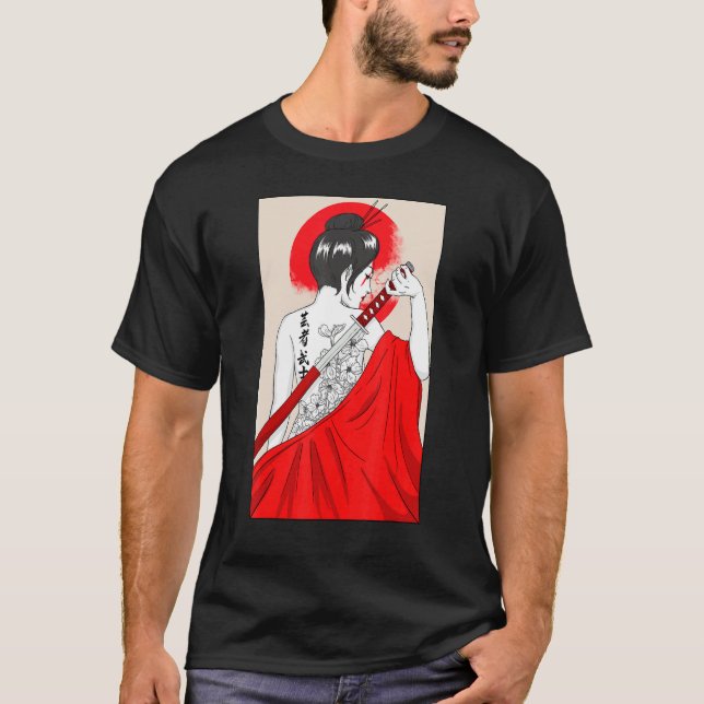Geisha Girl Katana Sword och Tattoo of Japansk Fl T Shirt (Framsida)