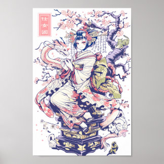 Geisha Girl With Dragon and Cats 37002 Poster
