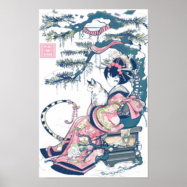 Geisha Girl With Dragon and Cats 37003 Poster (Framsidan)