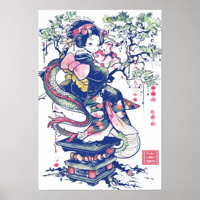 Geisha Girl With Dragon and Cats 37004 Poster (Framsidan)