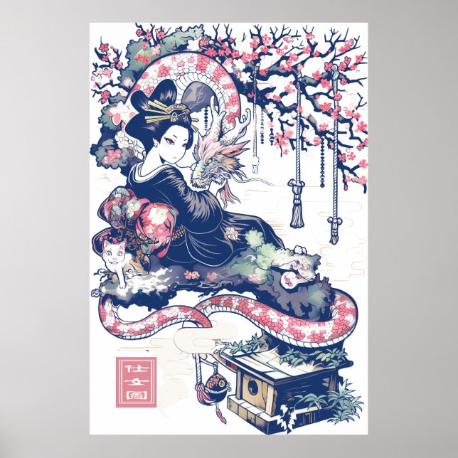 Geisha Girl With Dragon and Cats 37005 Poster (Framsidan)