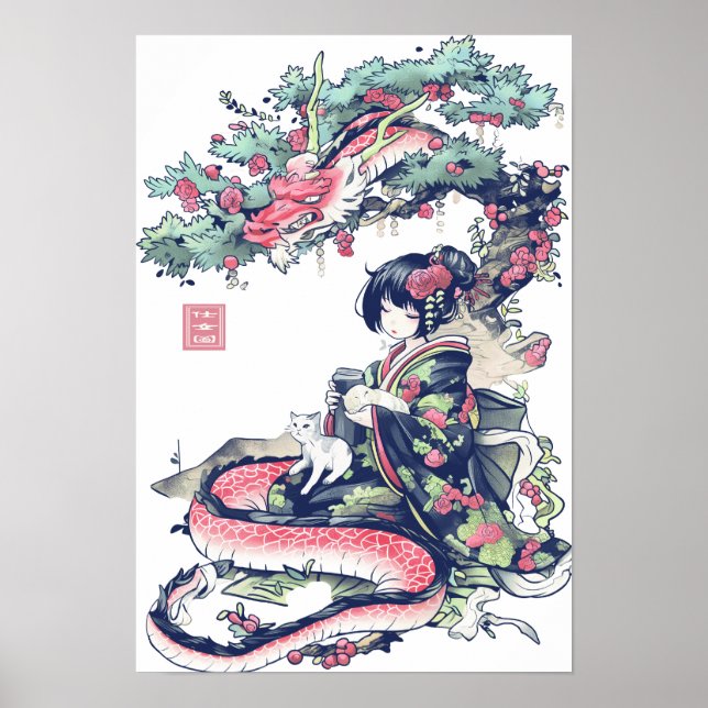 Geisha Girl With Dragon and Cats 37006 Poster (Framsidan)