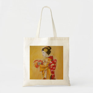 Geisha guld kimono original akvarell konst tygkasse