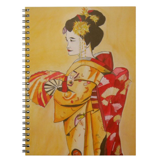 Geisha guld kimono original vattenfärgsart anteckningsbok med spiral (Framsidan)