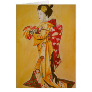 Geisha guld kimono original vattenfärgsart hälsningskort