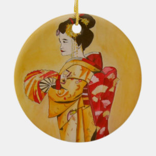 Geisha guld kimono original vattenfärgsart julgransprydnad keramik