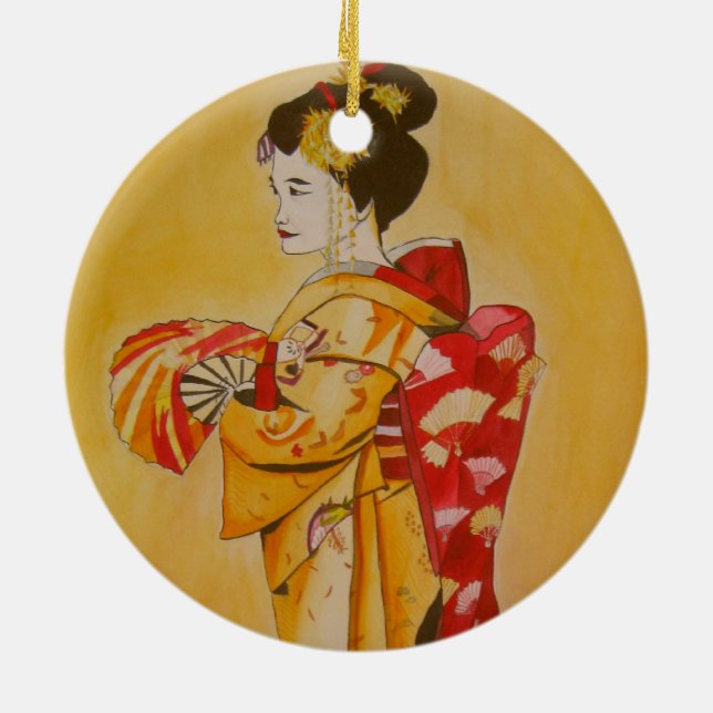 Geisha guld kimono original vattenfärgsart julgransprydnad keramik (Baksidan)