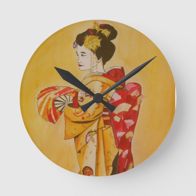 Geisha guld kimono original vattenfärgsart rund klocka (Framsida)