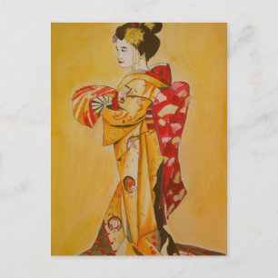 Geisha guld kimono original vattenfärgsart vykort