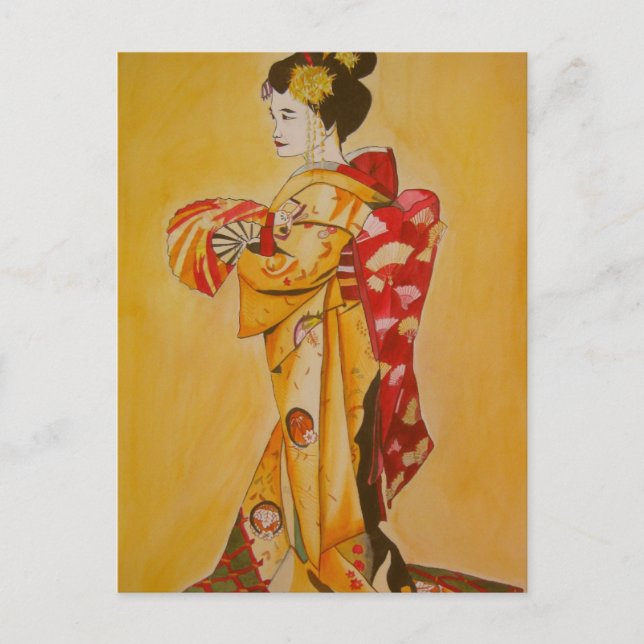 Geisha guld kimono original vattenfärgsart vykort (Framsida)
