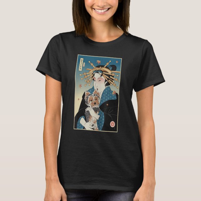Geisha & Hund Yorkshire Ukiyo e Warrior Samurai Y T Shirt (Framsida)