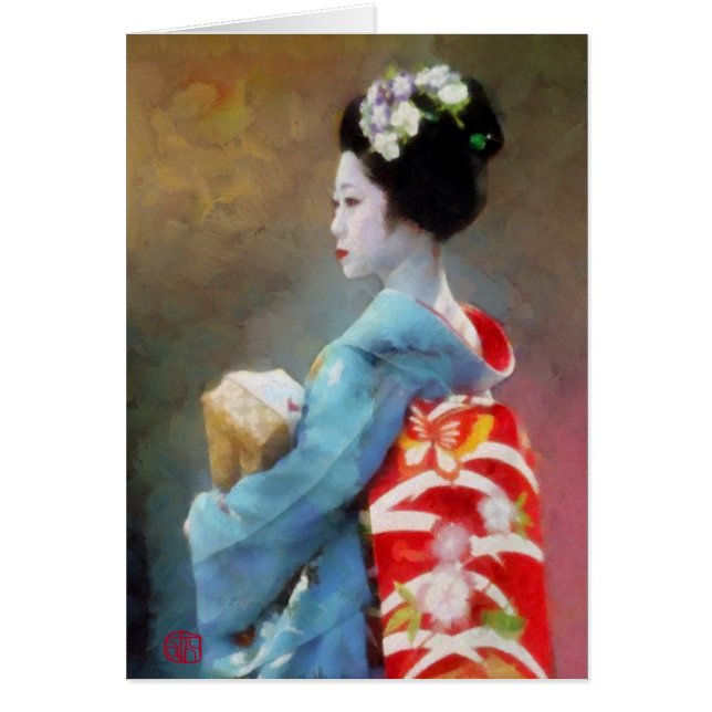 Geisha i blue kimono Art Hälsningskort (Framsidan)