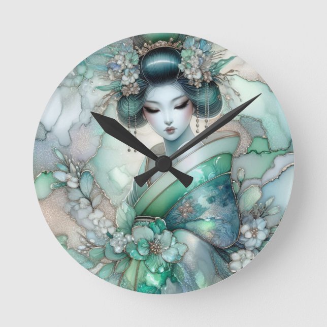 Geisha i Grön Design Serie #1 Rund Klocka (Framsida)