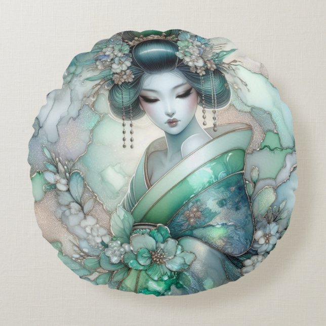 Geisha i Grön Design Serie #1 Rund Kudde (Framsidan)