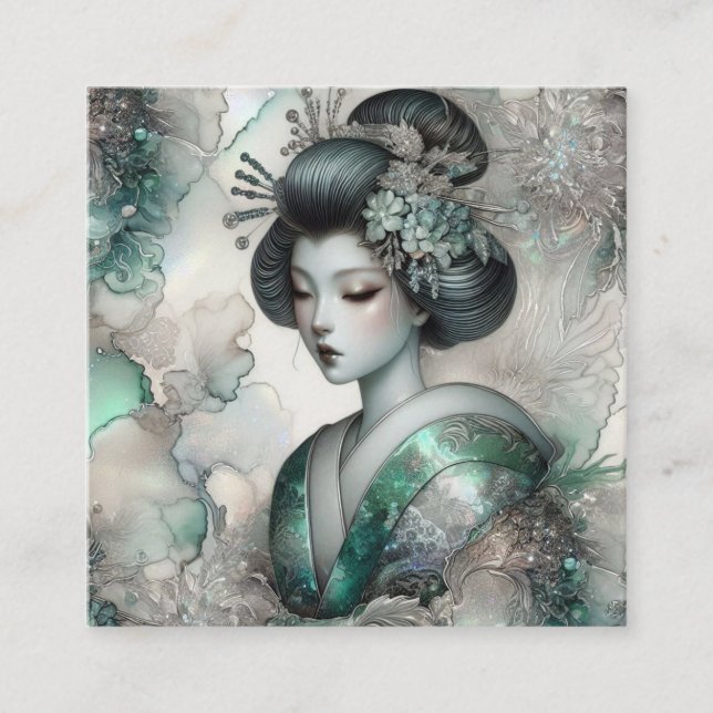 Geisha i Grön Design Serie #2 Fyrkantigt Visitkort (Framsida)