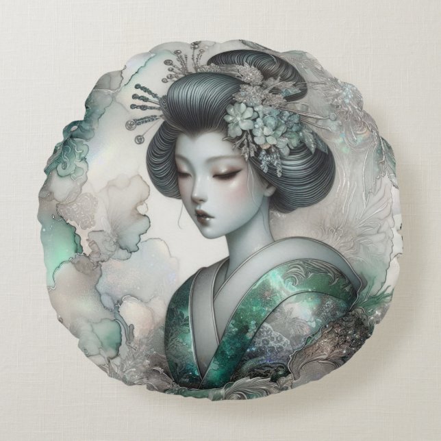Geisha i Grön Design Serie #2 Rund Kudde (Framsidan)