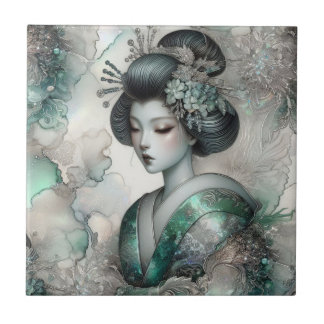 Geisha i grön designserie #2 kakelplatta