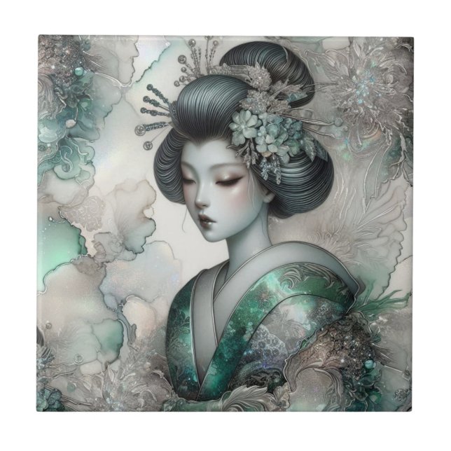 Geisha i grön designserie #2 kakelplatta (Framsidan)