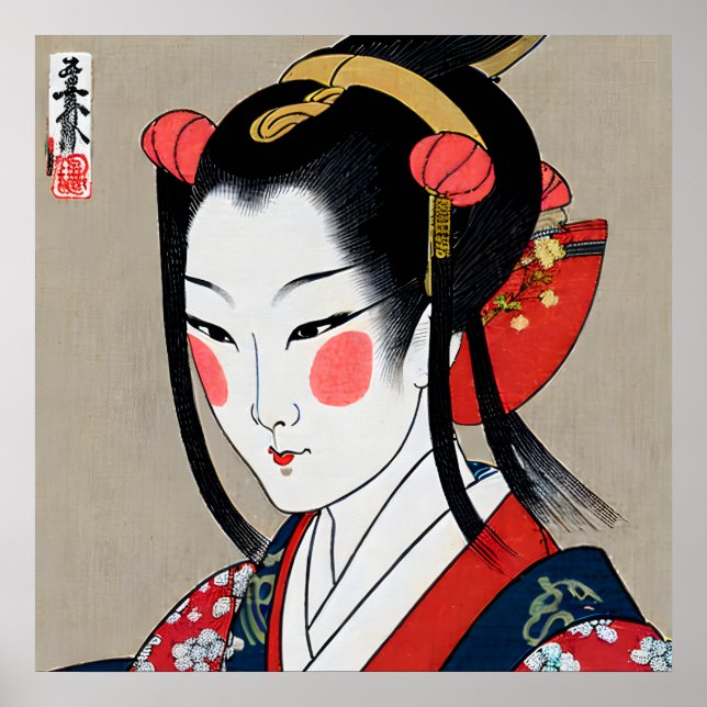 Geisha i Red Blue Kimono | Ukyio-e Japansk konst Poster (Framsidan)