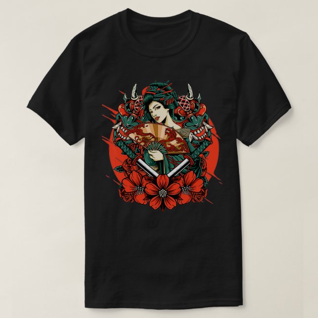 Geisha Japanese Oni Mask Yokai Samurai Katana Swor T Shirt (Design framsida)