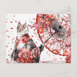 Geisha-katt i en detaljerad kimono sits på ett sko vykort