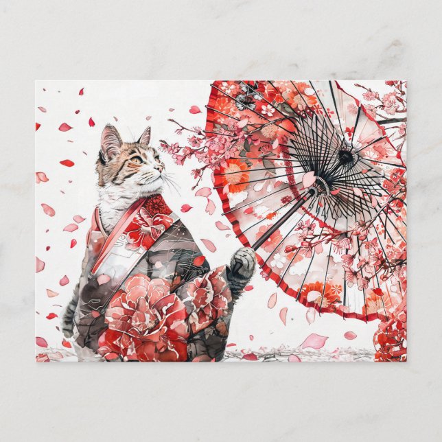 Geisha-katt i en detaljerad kimono sits på ett sko vykort (Framsida)