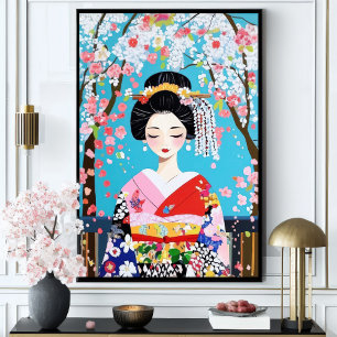 Geisha Kimono Cherry Blommar Japansk Wall Art Poster
