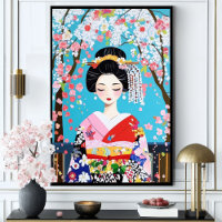 Geisha Kimono Körsbärsblomma Japansk Väggkonst