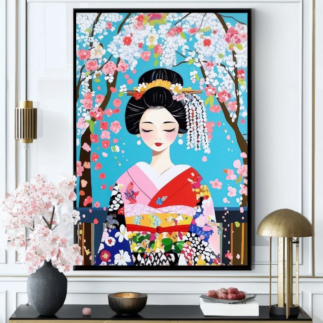 Geisha Kimono Körsbärsblomma Japansk Väggkonst (Skapare uppladdad)