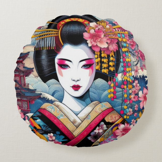 Geisha Maiko sakura blommor vinkara Rund Kudde (Framsidan)