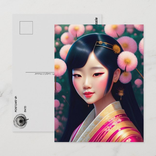 Geisha med dandelion, Postcross Vykort (Fram/baksida)