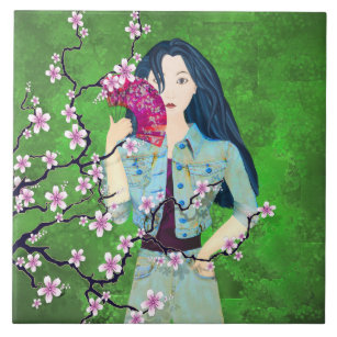 Geisha med Fläkt och Sakura Träd Kakelplatta