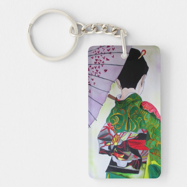 Geisha med grönt kimono och lila paraply nyckelring (Framsidan)