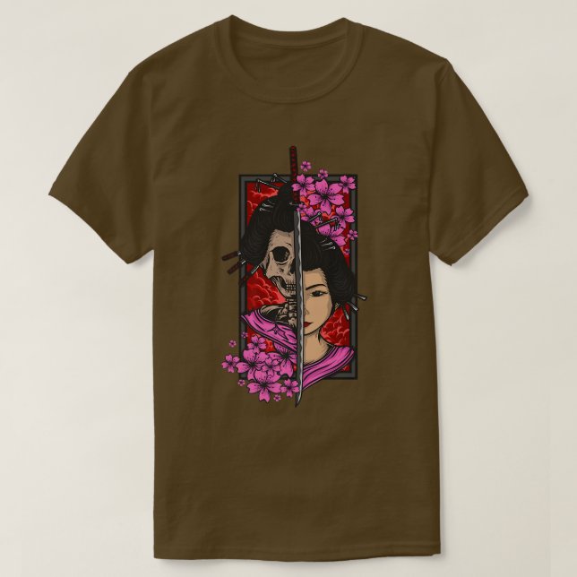 Geisha med katana och sakura cherry blommar samur t shirt (Design framsida)
