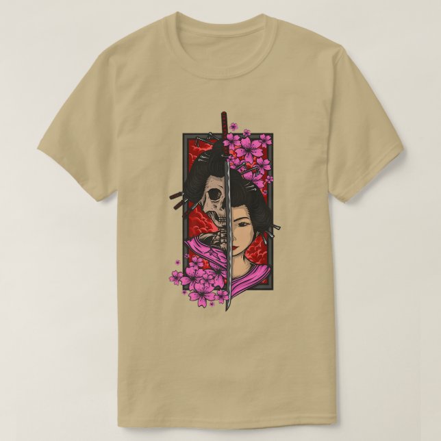 Geisha med katana och sakura cherry blommar samur t shirt (Design framsida)