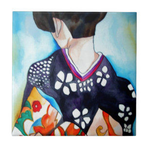 Geisha med mörk blått kimono-originalkonstmålni kakelplatta