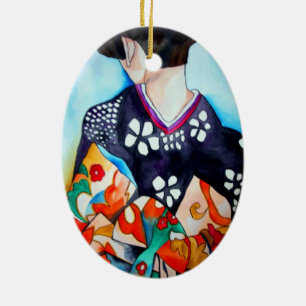 Geisha med mörk blått originalkonst av kimono julgransprydnad keramik