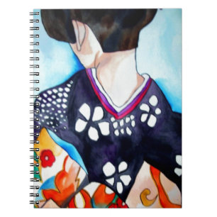 Geisha med mörkblå kimono original konst anteckningsbok med spiral