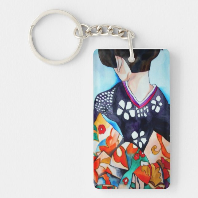 Geisha med mörkblå och orange kimono nyckelring (Framsidan)