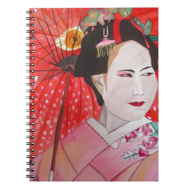 Geisha med Red Parbrella original Art-målning Anteckningsbok Med Spiral (Framsidan)