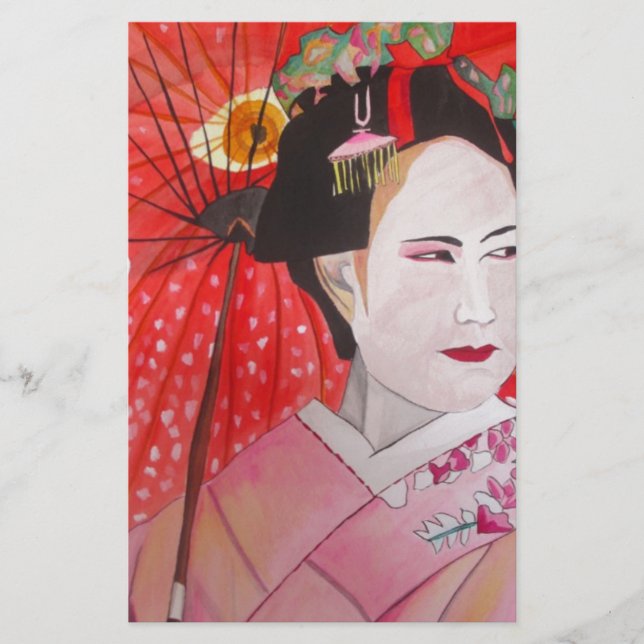 Geisha med Red Parbrella original Art-målning Brevpapper (Framsida)