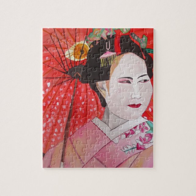 Geisha med Red Parbrella original Art-målning Pussel (Vertikal)