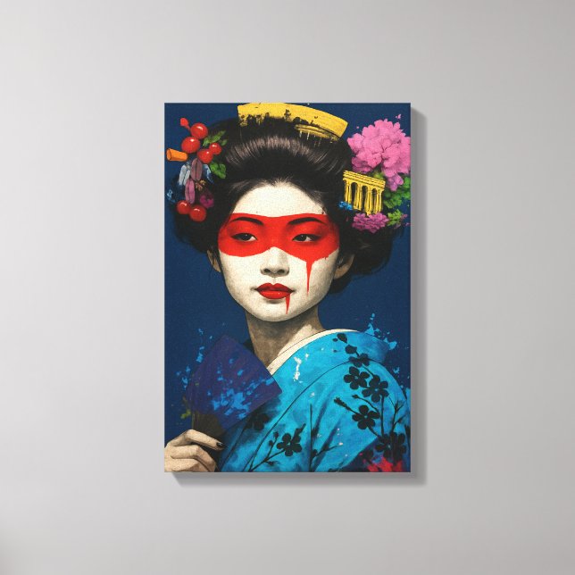 Geisha med röd mask och modern kulturell hårbit canvastryck (Framsida)