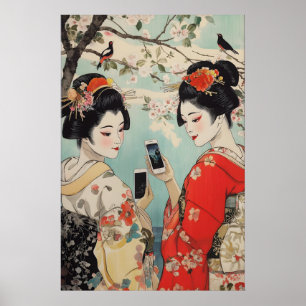 Geisha med smartphones konsttryck Ukiyo-e japanska Poster